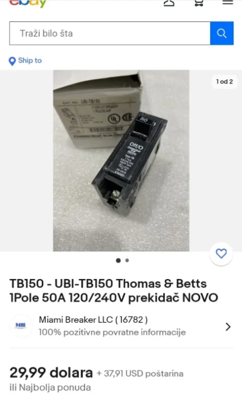 Kontaktor Thomas betts tb150 50A sklolka jednopolni prekidac