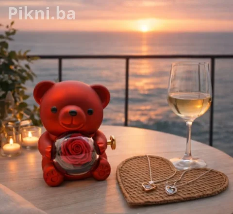 Romantična poklon kutija Medvjedić sa vječnom ružom 8 mart poklon