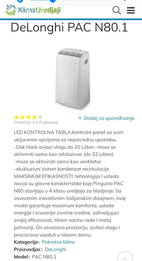 2u1 Pokretna klima DELONGHI PAC n80.1 isusivac vlage zr