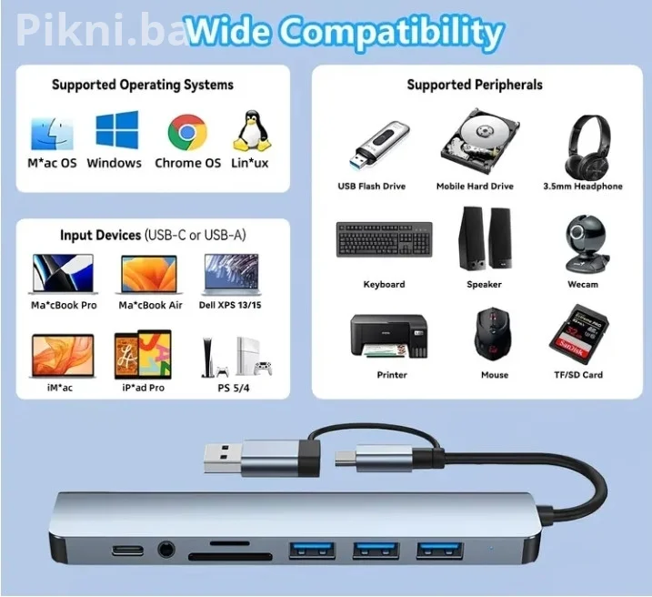 USB-C Hub 8-u-1 priključna stanica | USB 3.0 / SD/TF / 3.5mm audio