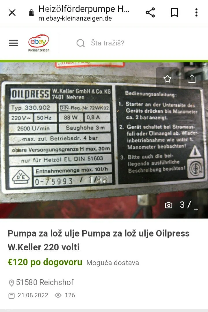 OIDRESS W. KELLER Pumpa Uređaj za Lož Ulje Heizol EL 88W - Ispravno