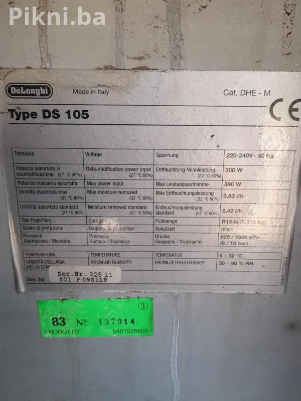 DeLonghi DS 105 Odvlaživač Zraka - Potrebno Punjenje Plina