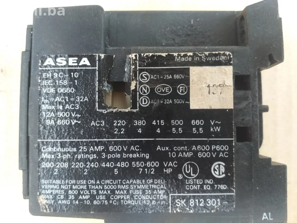 Industrijski Kontaktor Sklopka ASEA EH 9C-10 (9A/5.5 kW) - 220v