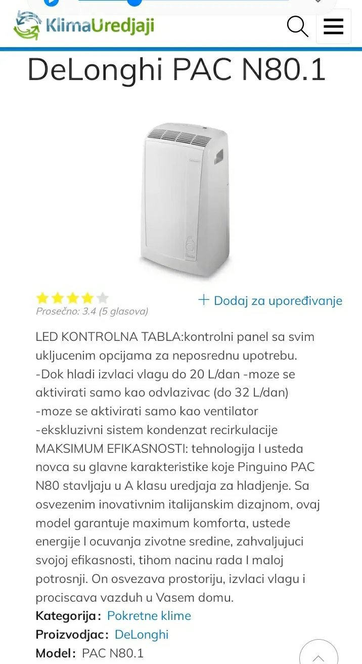 2u1 Pokretna klima DELONGHI PAC n80.1 isusivac vlage zr